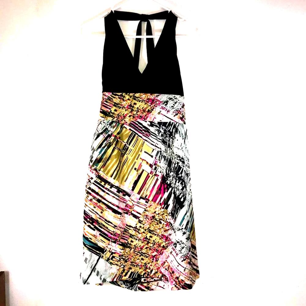 Suzi Chin for Maggy Boutique 100% Silk Black/Abstract Halter Dress Sz 8P